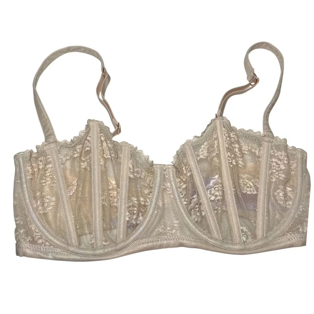 Lace Bustier Bra Beige Lingerie Adjustable‎ Straps Underwire Padded